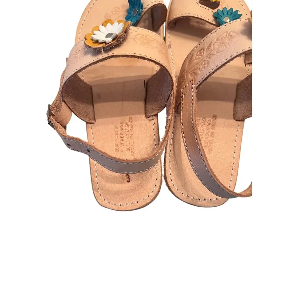 Girl's 3 Authentic Mexican Floral Tooled Sandals Handmade Huaraches Sandalias
